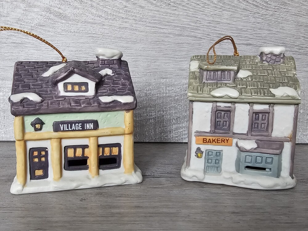 JSNY Vintage Holiday Bell Mini House Village Ornament Bakery And Inn Lot 188b1